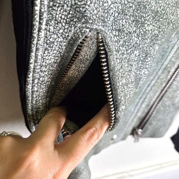 Women's IRO Ilaria Crack Leather Green White Lampskin Moto Zip Jacket Size 34 - Picture 8 of 12